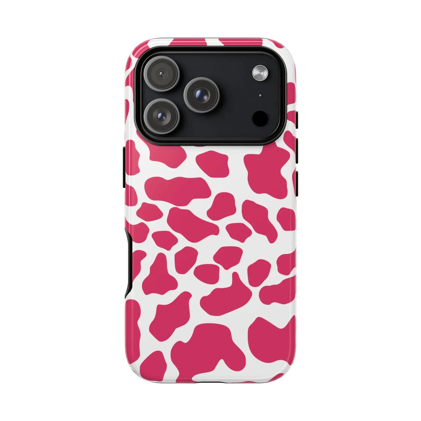 Pink cow print phone case cover with vibrant pink and white design and sleek protective back side for tough phone protection