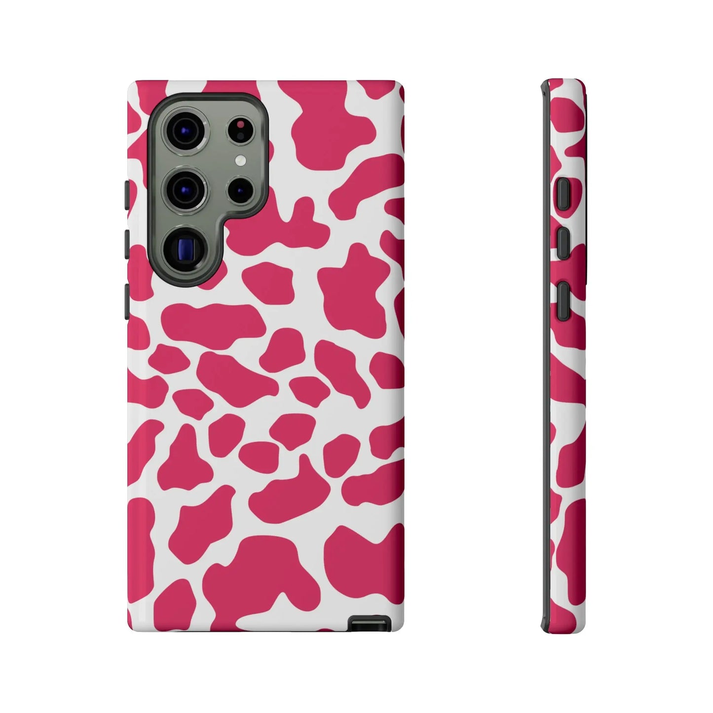 Back side of pink cow print phone case cover featuring white spots for cute tough cases protection