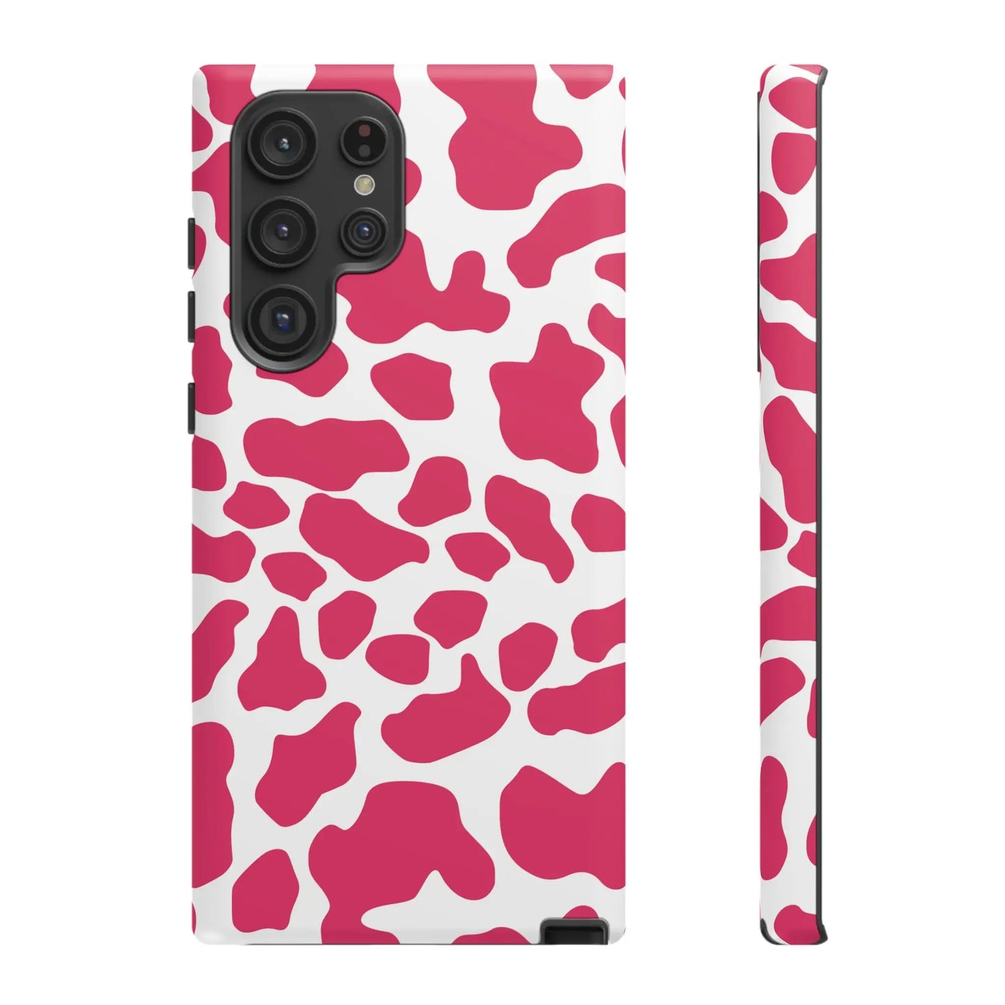 Pink and white cow print phone case back showing a cute tough protective print phone case cover design