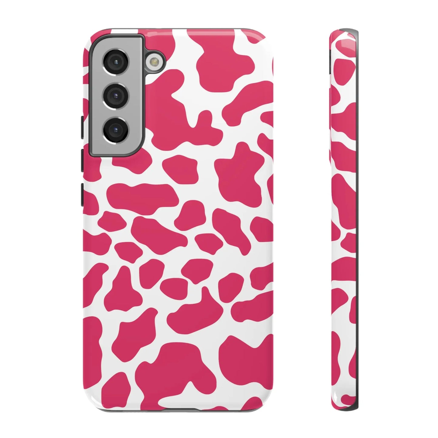 Pink cow print phone case cover for samsung galaxy s21 showing the back with cute tough protection design