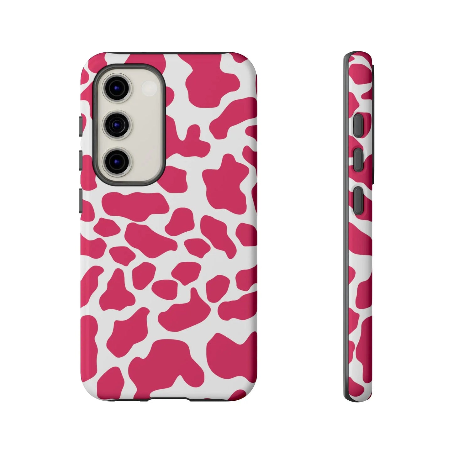 Pink and white cow print phone case back showing cute tough protection for print phone case lovers