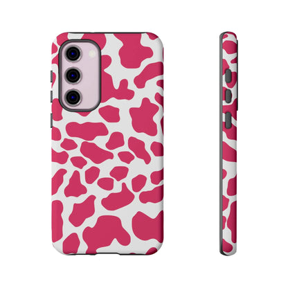 Pink and white cow print phone case cover showing back side for cute tough cases protection and style