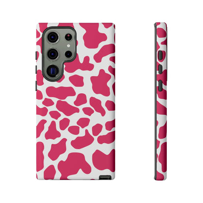 Pink and white cow print phone case cover showing the back with cute tough cases protection design