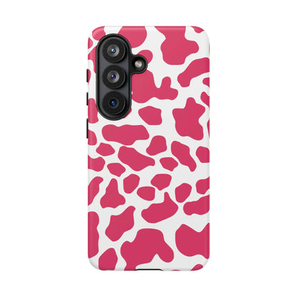 Back view of a pink cow print phone case cover offering cute tough protection for smartphones