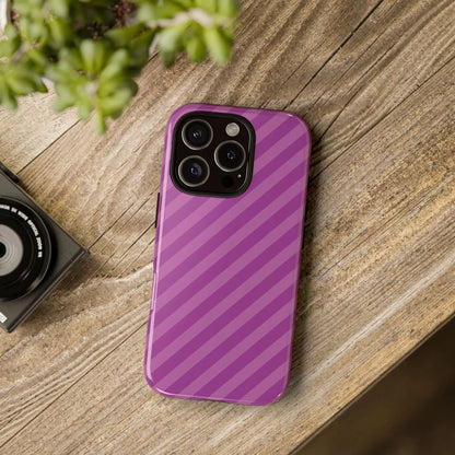 Back view of a purple striped pink diagonal phone case cover with protective shell and diagonal phone case pattern