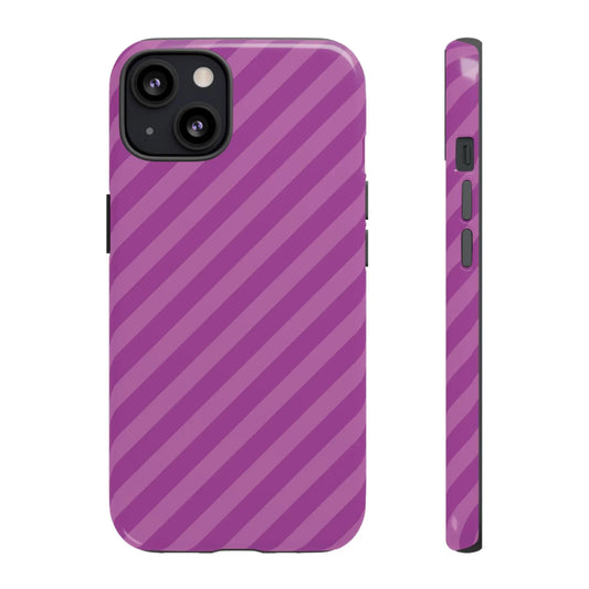 Back side of a purple glossy phone case cover with diagonal stripes for protective pink diagonal phone use