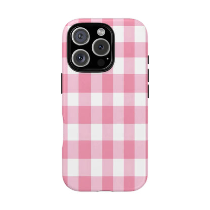 Pink gingham cute phone case cover for iphone 13 pro with white and pink gingham pattern perfect gift for her