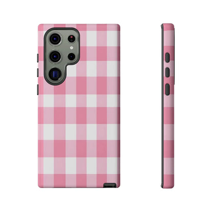 Pink gingham cute phone case cover for samsung galaxy s23 ultra with stylish gingham pattern, perfect gift for her