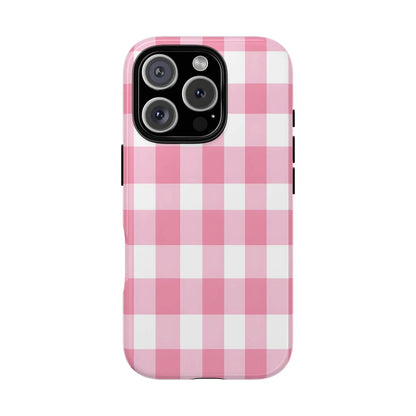 Pink gingham cute phone case cover with white gingham pattern shown from the back side perfect for fashion lovers