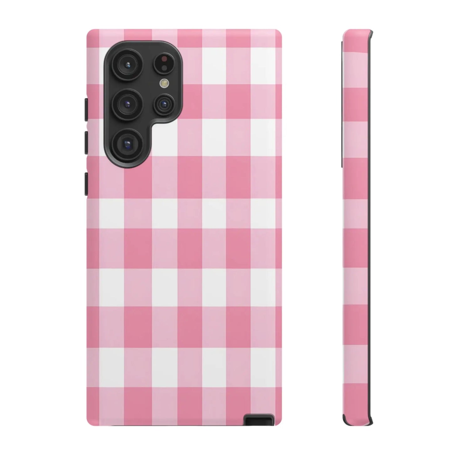 Pink gingham cute phone case cover for samsung galaxy s23 ultra with stylish pink and white gingham pattern shown from the back