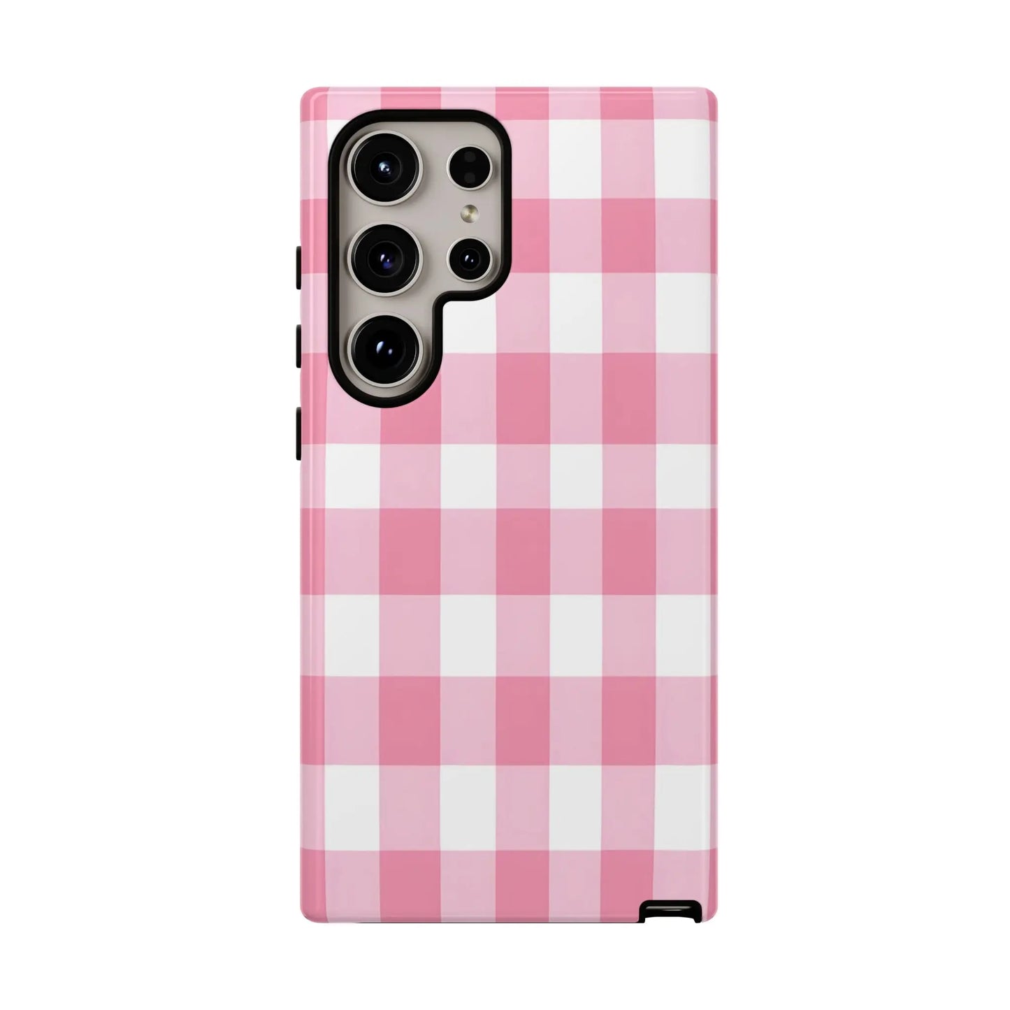 Pink gingham cute phone case with white pattern for samsung galaxy s21 ultra back side view, stylish tech accessory