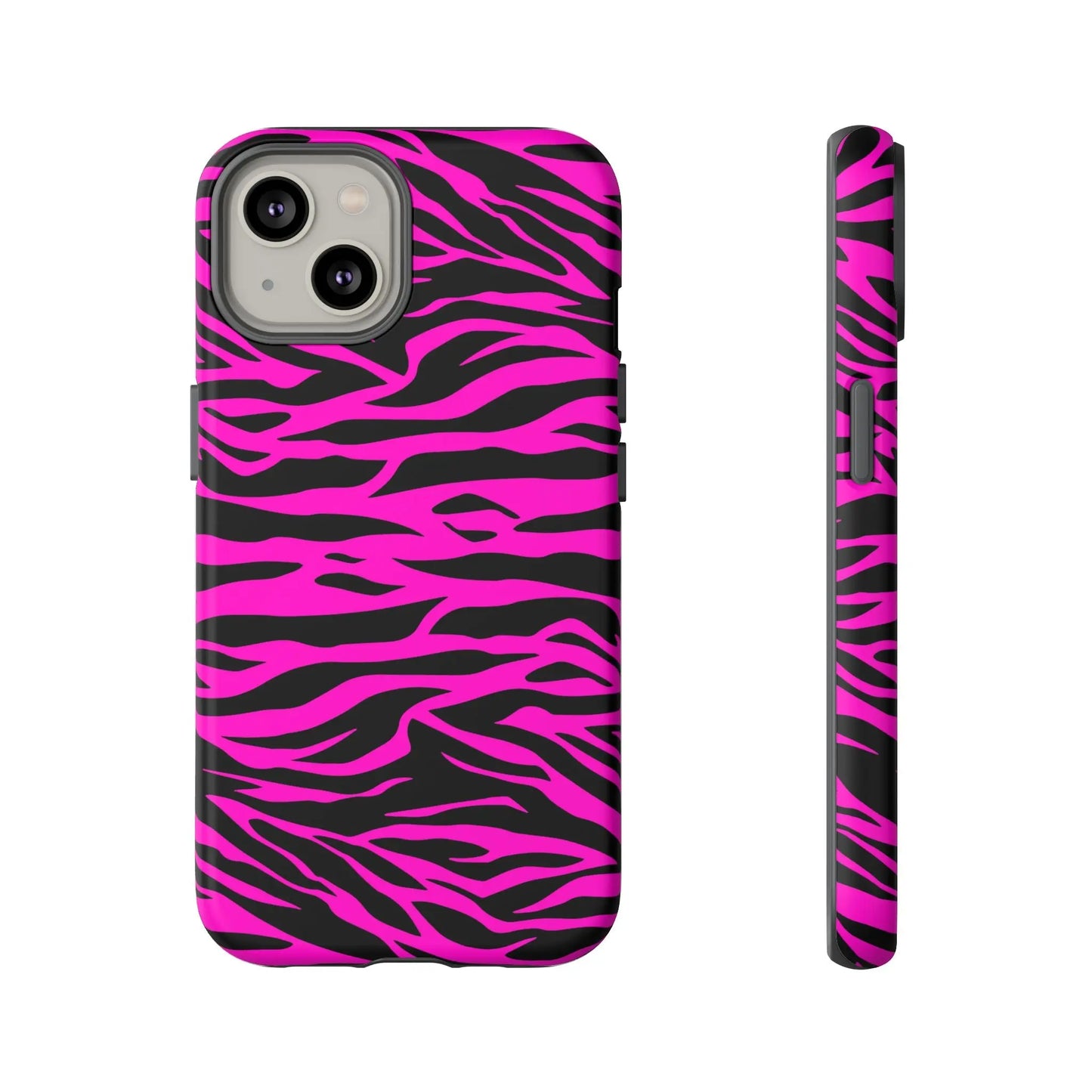 Back of a vibrant pink and black zebra-striped tough phone case with a sleek protective design