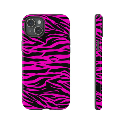 Back side of vibrant pink and black zebra-striped tough phone case with sleek protective design for tough phone use
