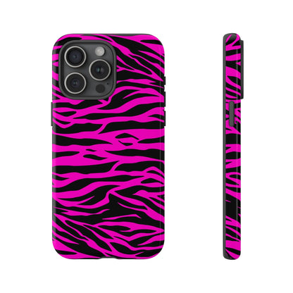 Back view of a vibrant pink and black zebra-striped tough phone case with a sleek protective design