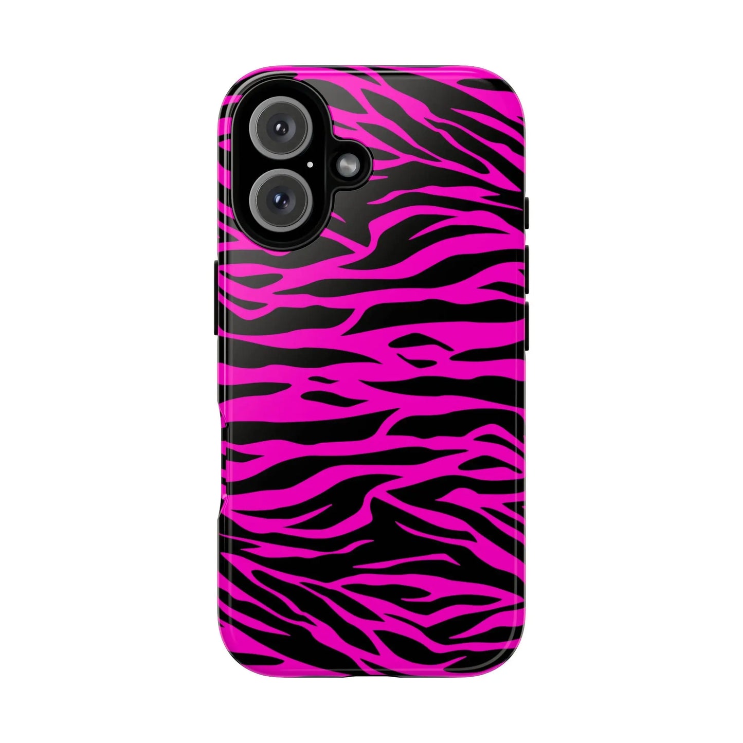 Back of a vibrant pink and black zebra-striped tough phone case with a glossy finish for durable protection