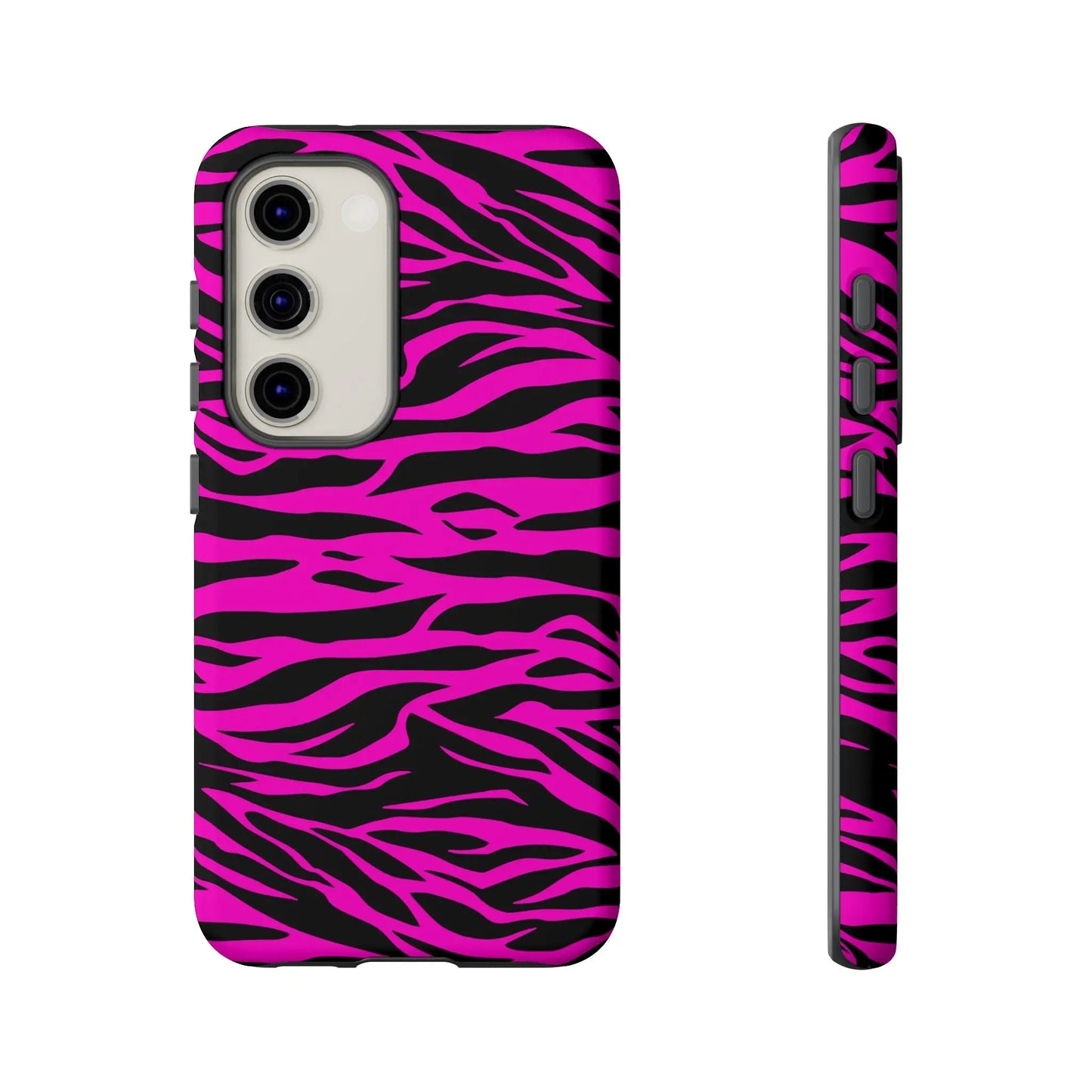 Back view of vibrant pink and black zebra print tough phone case with a sleek protective design for tough phone use