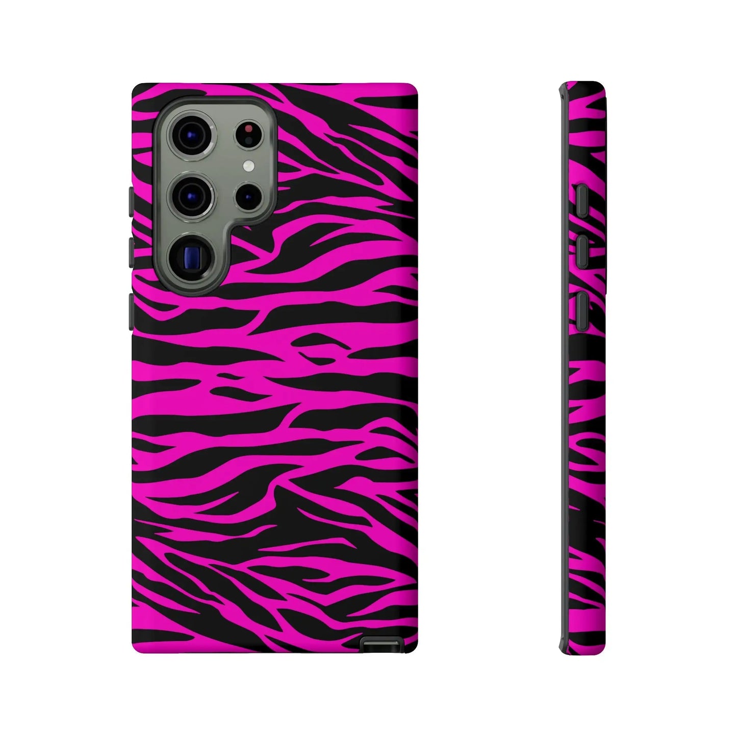 Back view of vibrant pink and black zebra-print tough phone case for samsung galaxy s21 ultra phone case