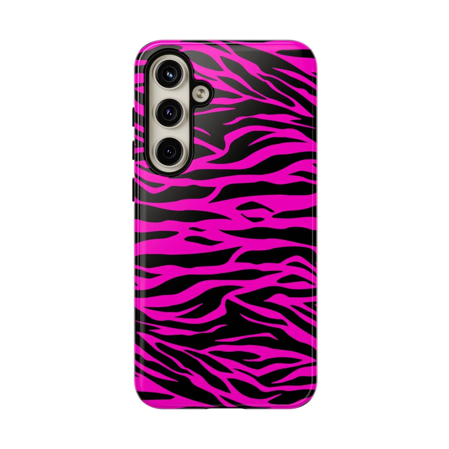 Pink tiger print tough phone case with vibrant pink and black zebra stripes and glossy finish shown from the back side