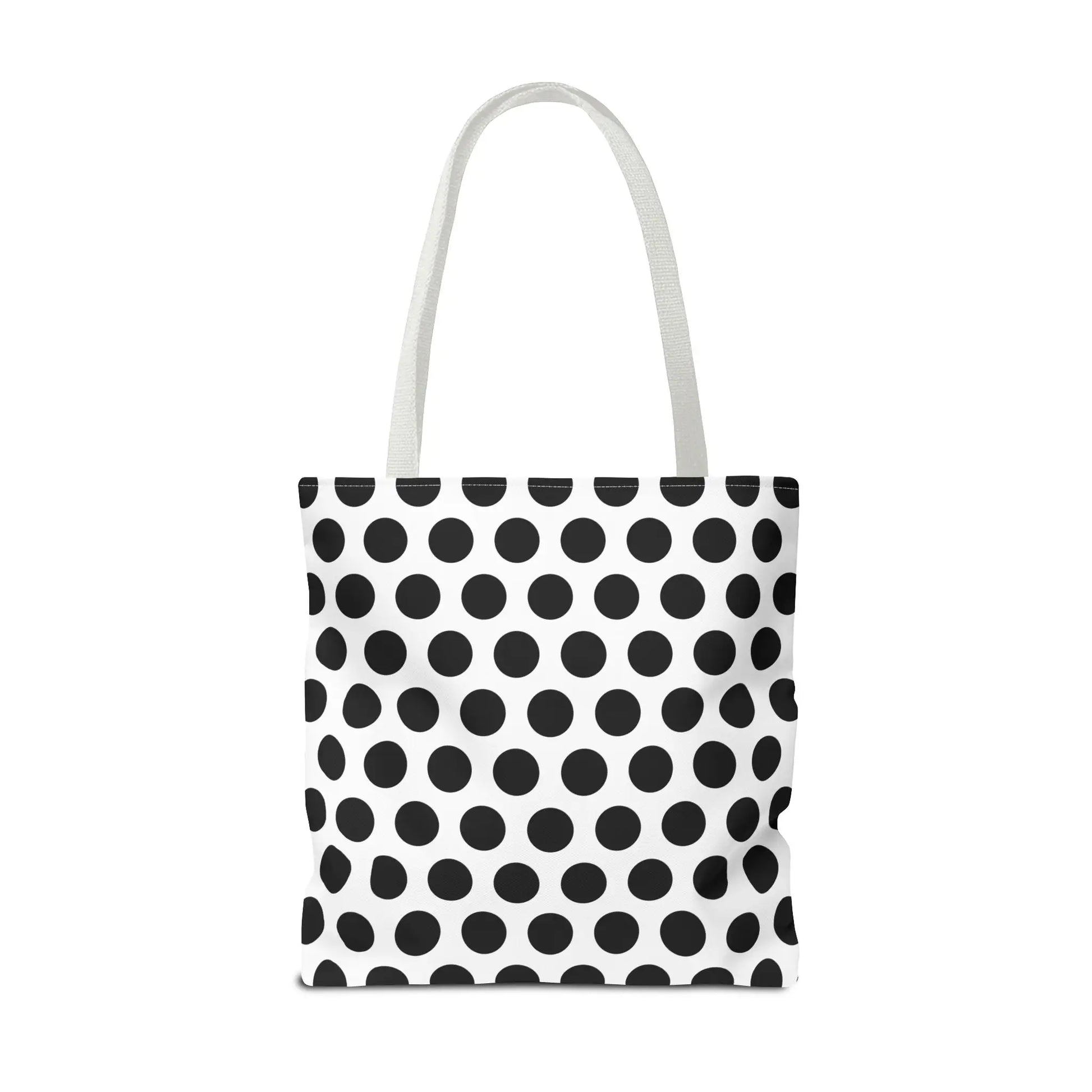 White canvas polka dot tote bag with bold black dots reusable eco-friendly shopping bag 18x18 inches