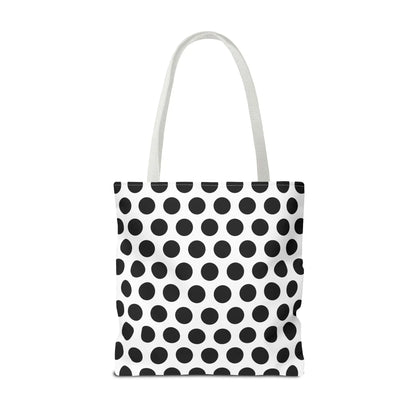 White canvas polka dot tote bag with bold black dots reusable eco-friendly shopping bag 18x18 inches
