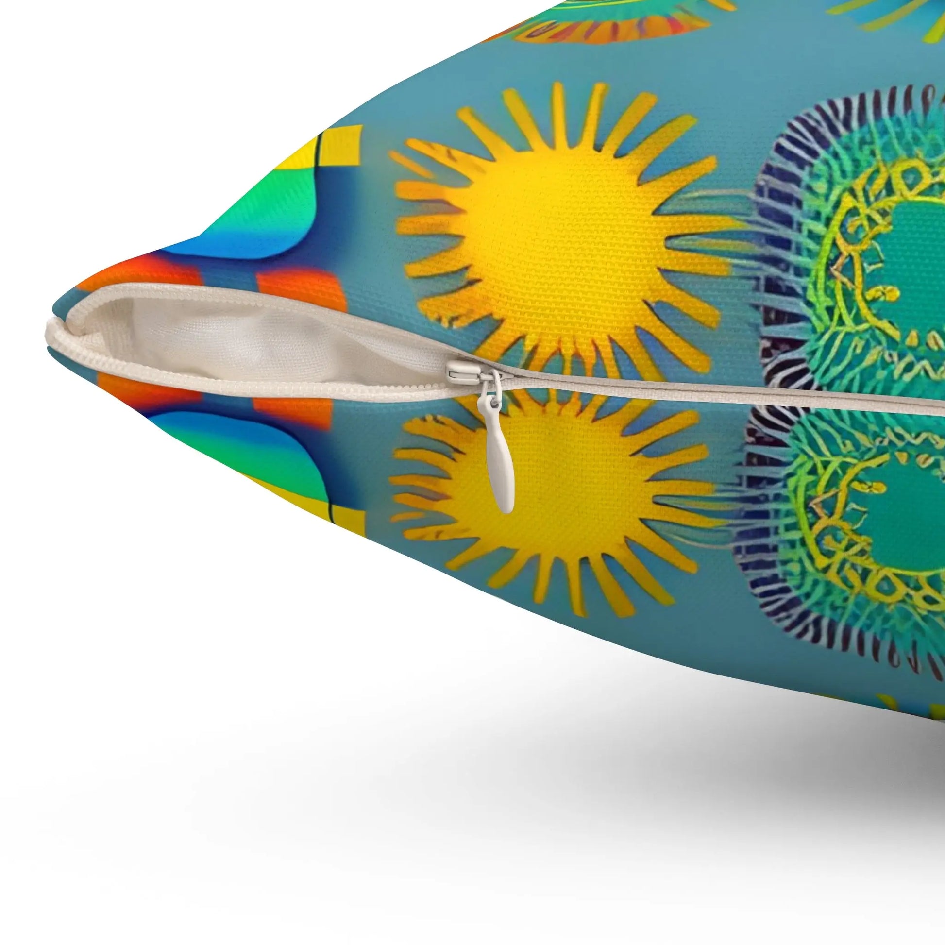 Vibrant turquoise sun design square soft pillow with bold yellow suns green mandala patterns and white zipper closure