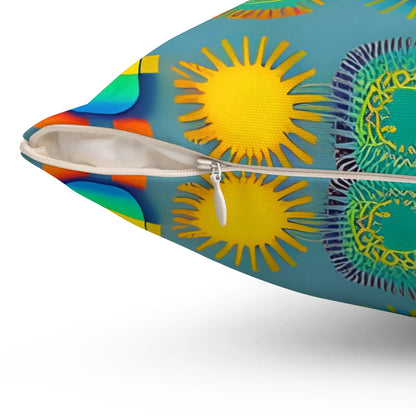 Vibrant turquoise sun design square soft pillow with bold yellow suns green mandala patterns and white zipper closure