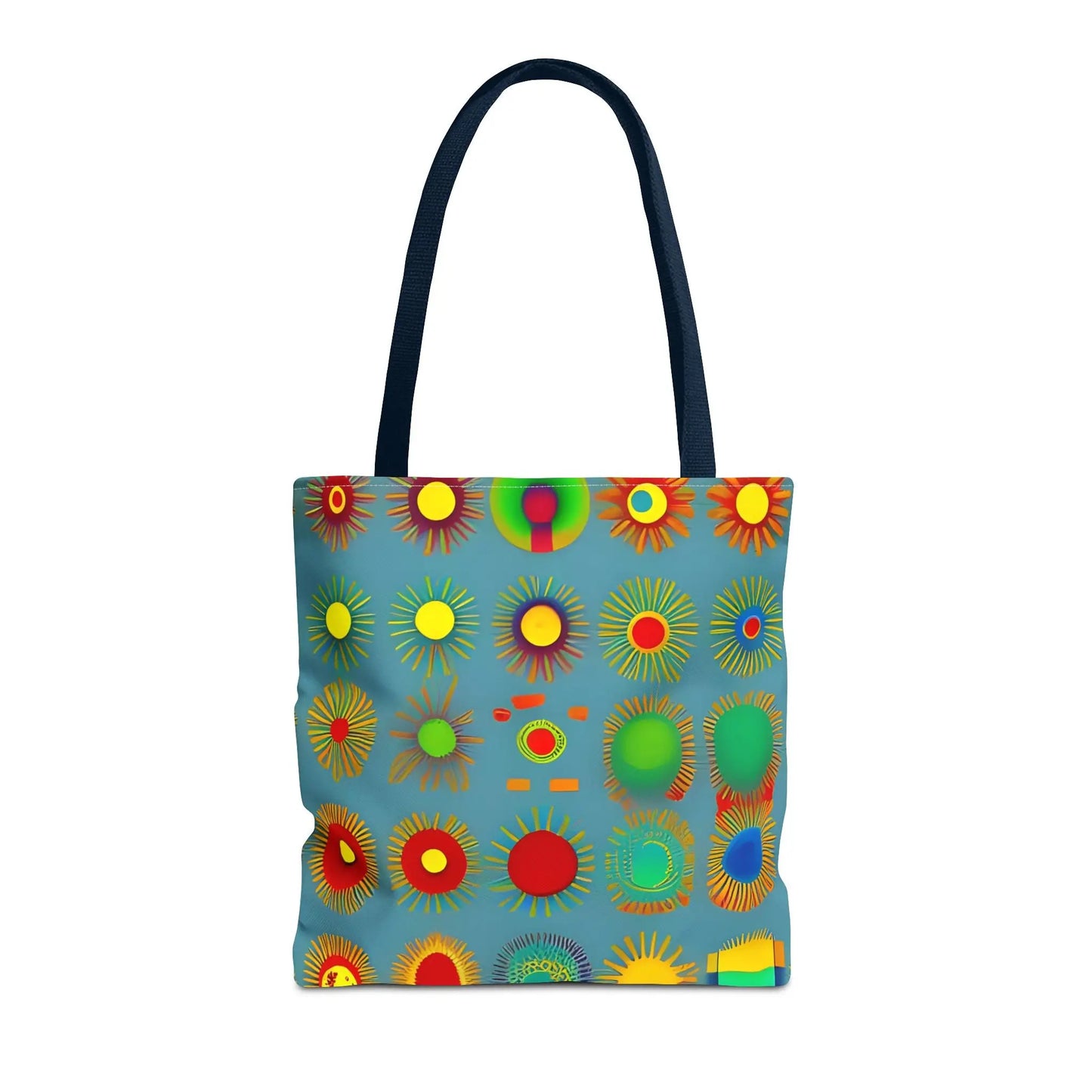 A vibrant blue sun pattern tote bag with colorful sunburst circles and black handles perfect for everyday use
