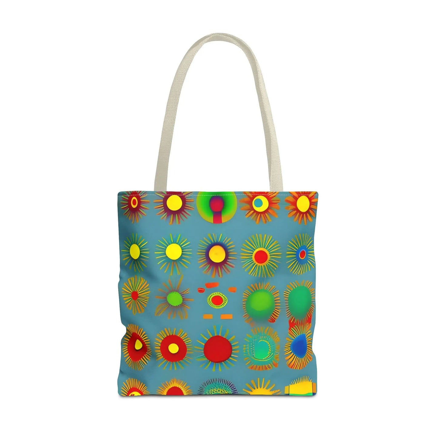 A vibrant blue sun pattern tote bag with colorful sunburst circles and white handles perfect for everyday use