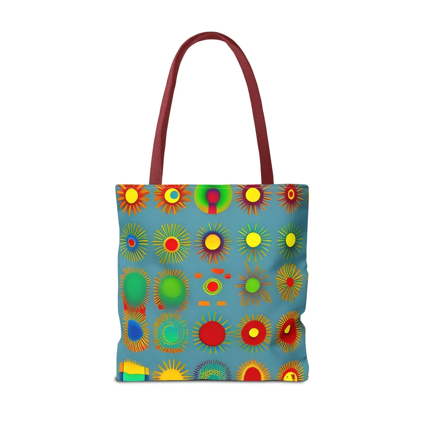 A vibrant blue sun pattern tote bag with colorful sunburst circles and maroon handles perfect for everyday use