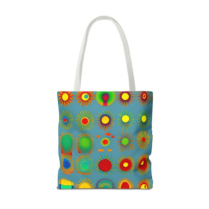 A vibrant blue sun pattern tote bag with colorful sunburst circles and white handles perfect for everyday use