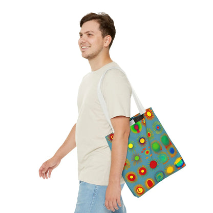 A vibrant blue sun pattern tote bag with colorful stylized suns in red yellow green and orange