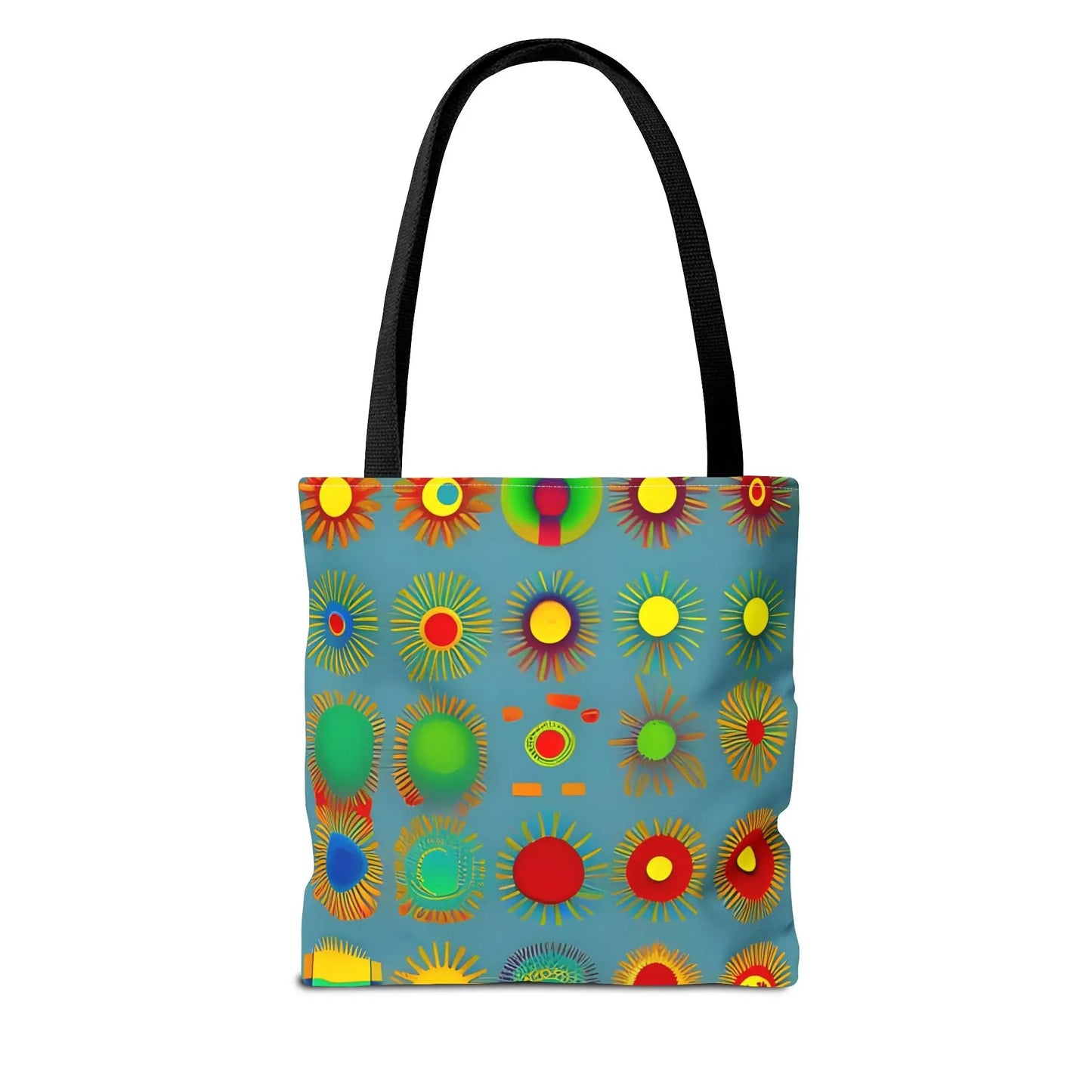 A vibrant blue sun pattern tote bag with colorful sunburst circles and black handles perfect for everyday use