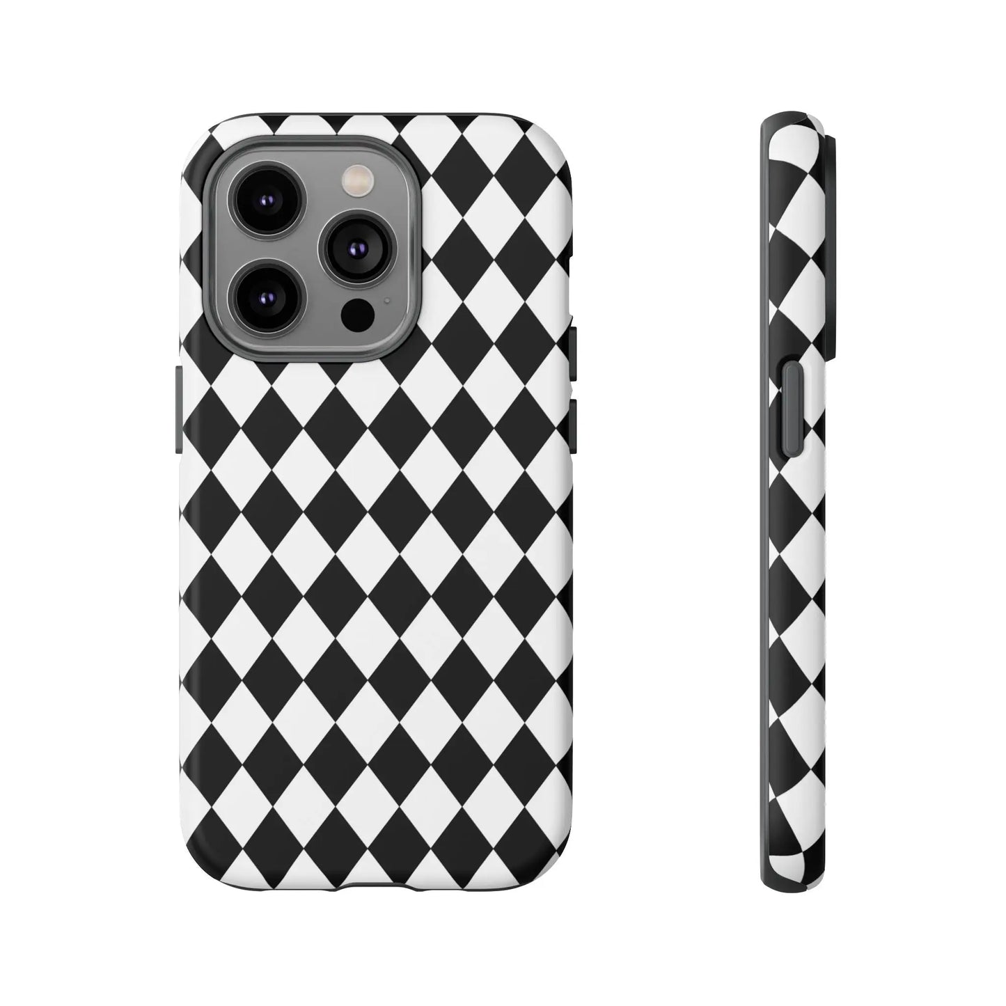 Back side of a sleek white and black dimond tough phone case cover for iphone google and samsung with a protective design