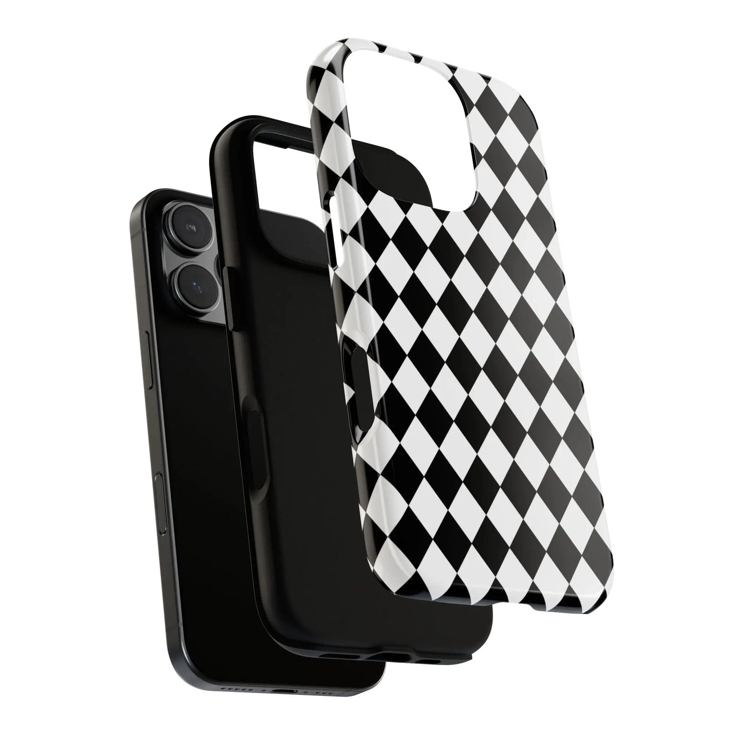 Back of a white and black dimond tough phone case cover with a glossy finish for iphone google samsung
