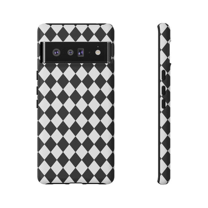 Back side of a black and white dimond tough phone case cover for iPhone Google and Samsung tough phone case