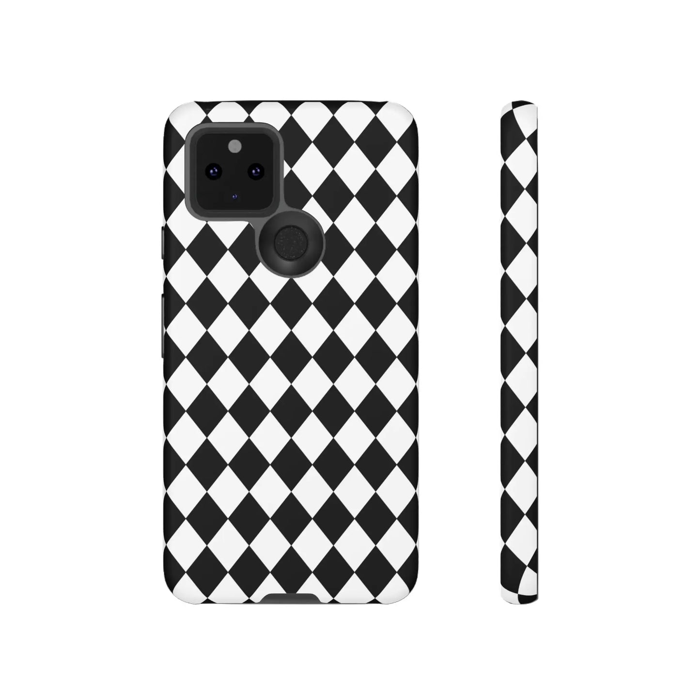 Black and white diamond patterned tough phone case back side for iphone google and samsung with sleek modern design