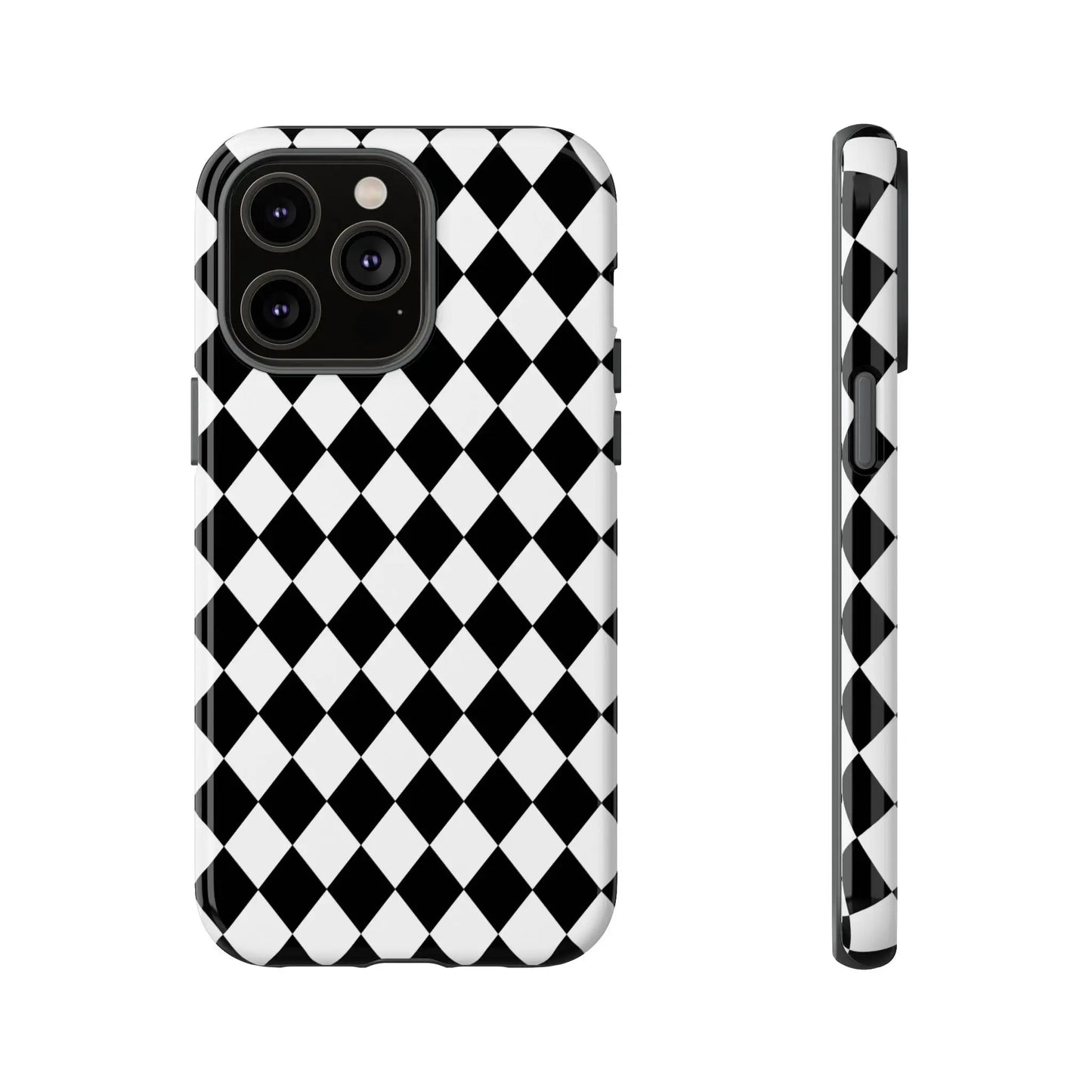 Back side of a black and white dimond tough phone case cover with glossy finish for iphone google samsung tough phone case