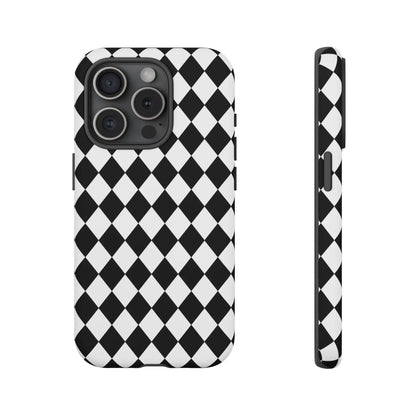 Back side of a white and black dimond tough phone case cover with sleek protective design for iphone google samsung