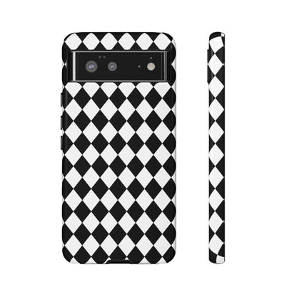 Black dimond tough phone case cover in white and black diamond pattern shown from the back for iphone google samsung