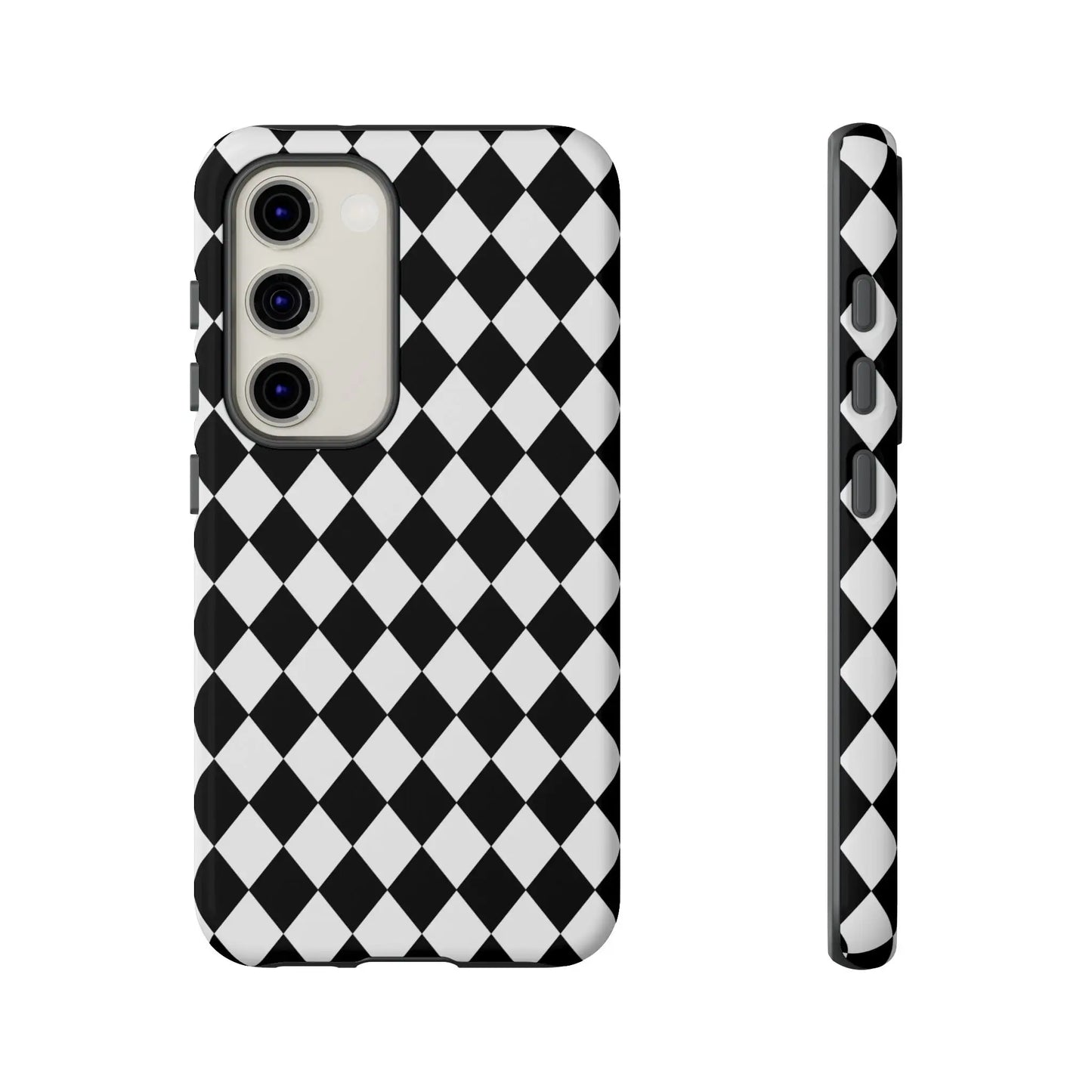 Black dimond tough phone case cover with white and black diamond pattern shown from the back for iphone google samsung