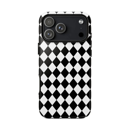 Back side of a black and white diamond tough phone case with sleek modern design for iphone google and samsung