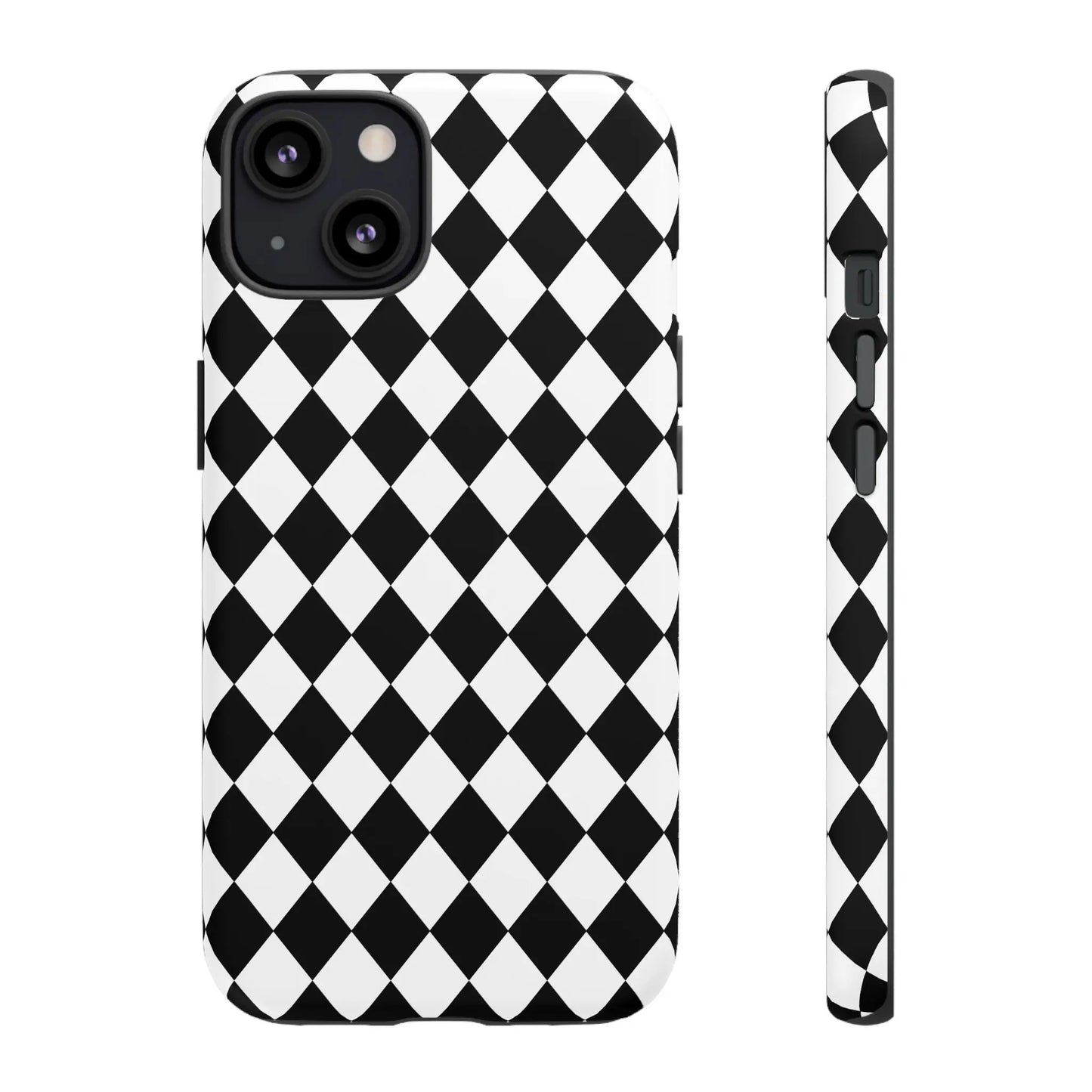 Back side of a black dimond tough phone case cover with white and black diamond pattern for iphone google and samsung
