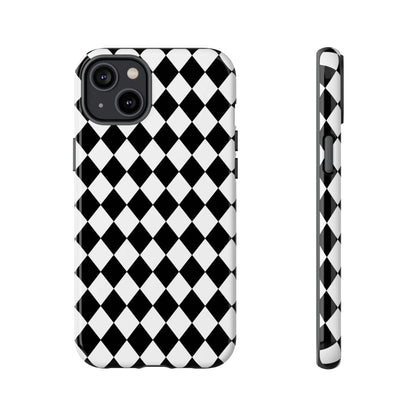 Back side of a black and white diamond-patterned dimond tough phone case cover with a sleek glossy finish for iPhone Google Samsung