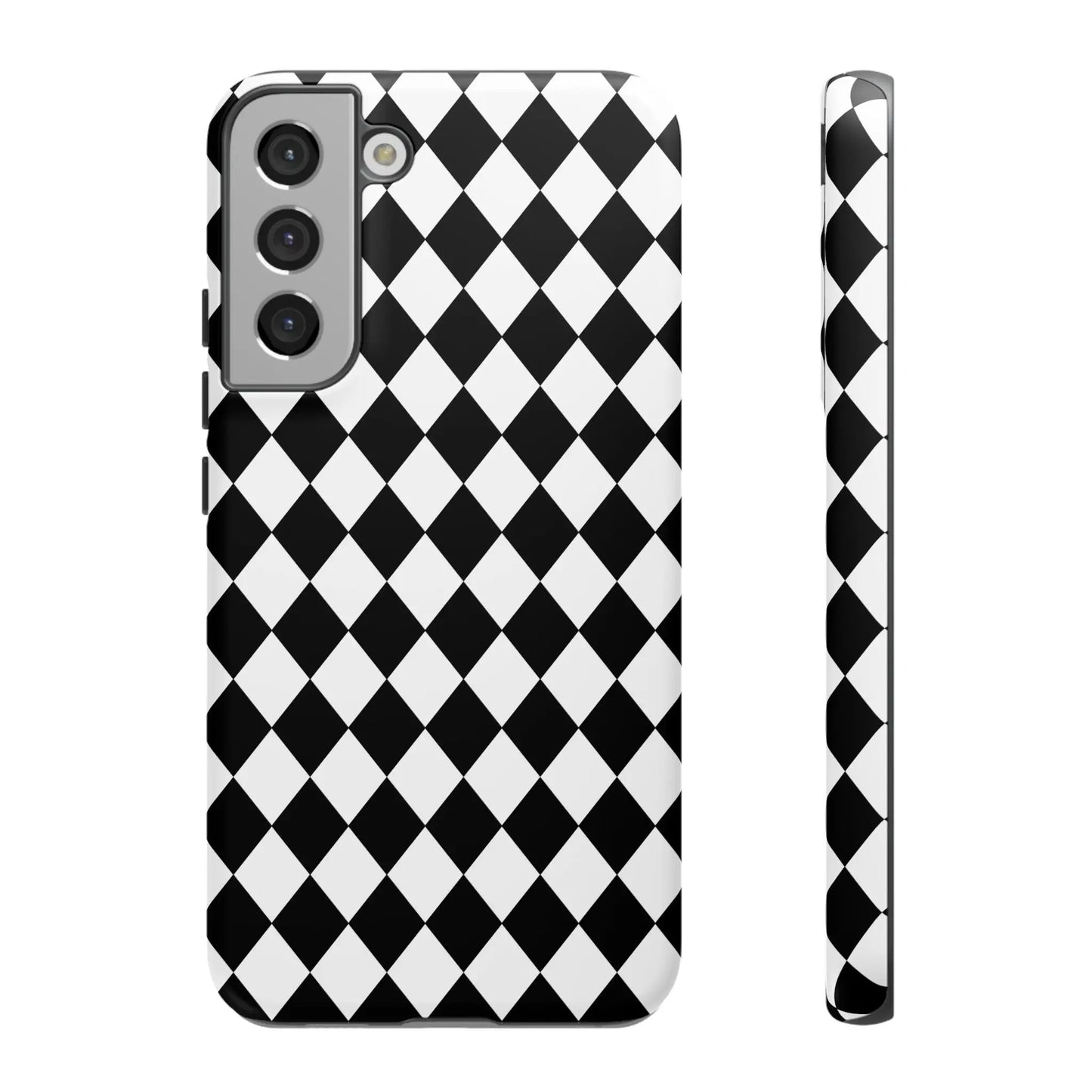 Black diamond tough phone case cover for samsung galaxy s21 with white and black diamond pattern on back side