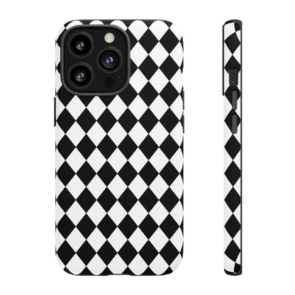 Back side of a black and white dimond tough phone case with a sleek design for iphone google and samsung models