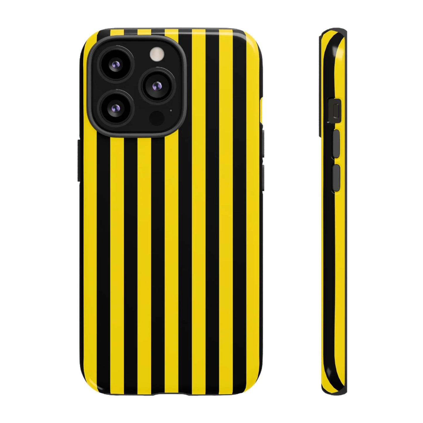 Yellow and black stripe tough case phone case showing back side with vibrant black stripe tough protective design