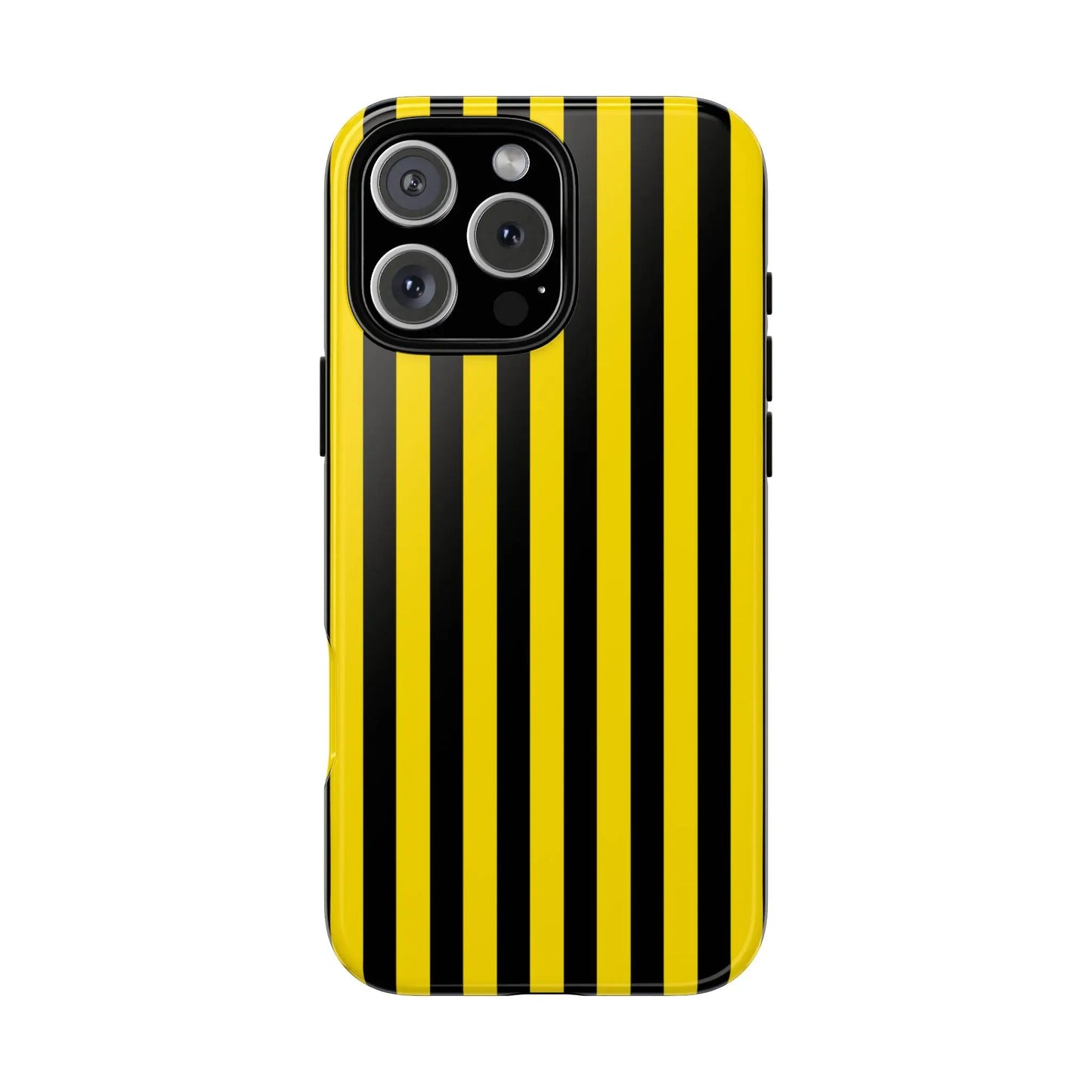 Black stripe tough phone case with yellow and black stripes and glossy finish shown from the back for iphone 13 pro
