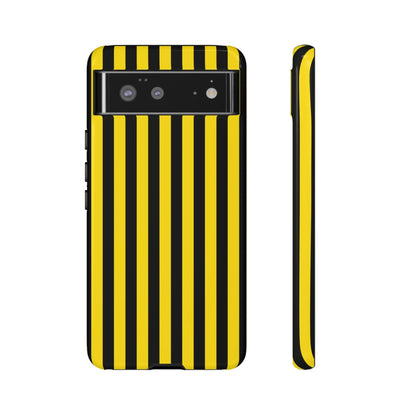 Vibrant yellow and black stripe tough case phone case with glossy finish shown from the back for iphone samsung and google phones