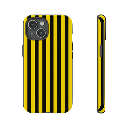 Sleek black stripe tough phone case with bold yellow and black stripe tough design for iphone 13 back side view