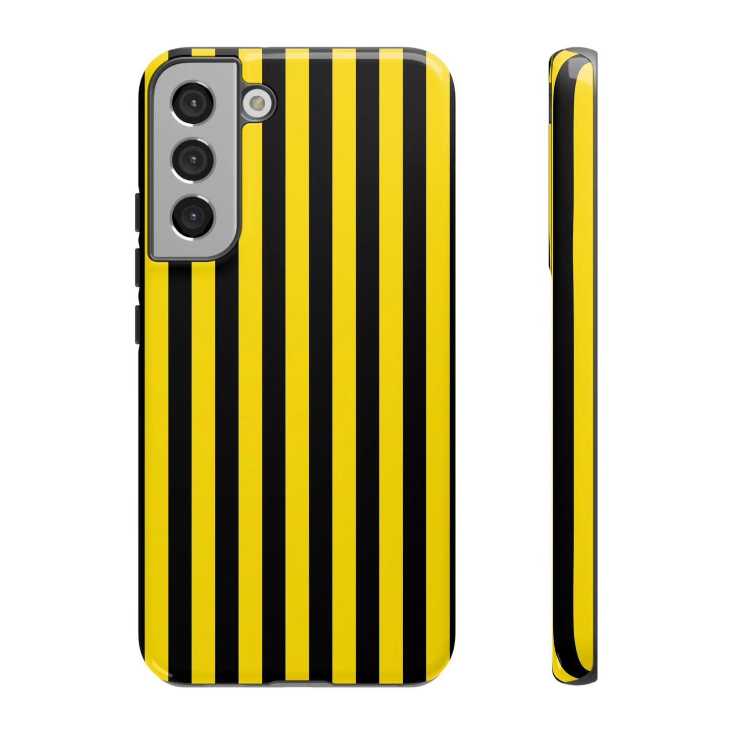 Vibrant yellow and black stripe tough case phone case for samsung galaxy s21 showing back side with bold black stripe design